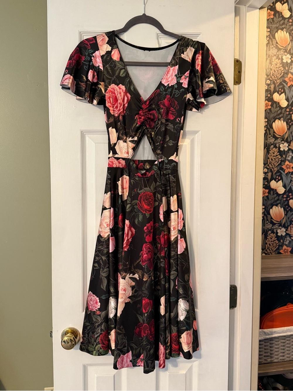 Blackmilk Black Floral Cutout V-Neck Fit & Flare Dress with Pink and Red Roses